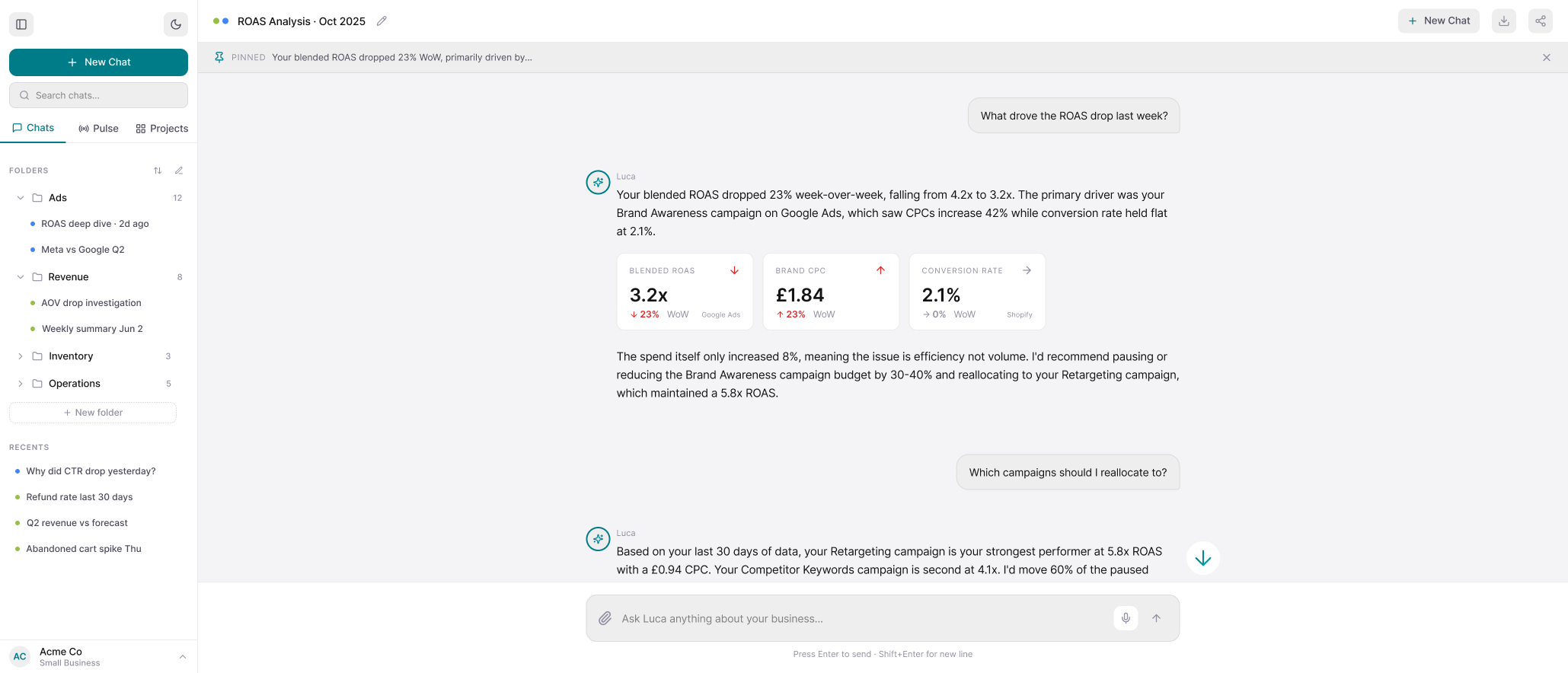 A response built from a short paragraph, three metric cards giving blended ROAS, brand CPC and conversion rate with trend arrows and source labels, and a closing recommendation, with a circular jump-to-latest arrow at the right edge.