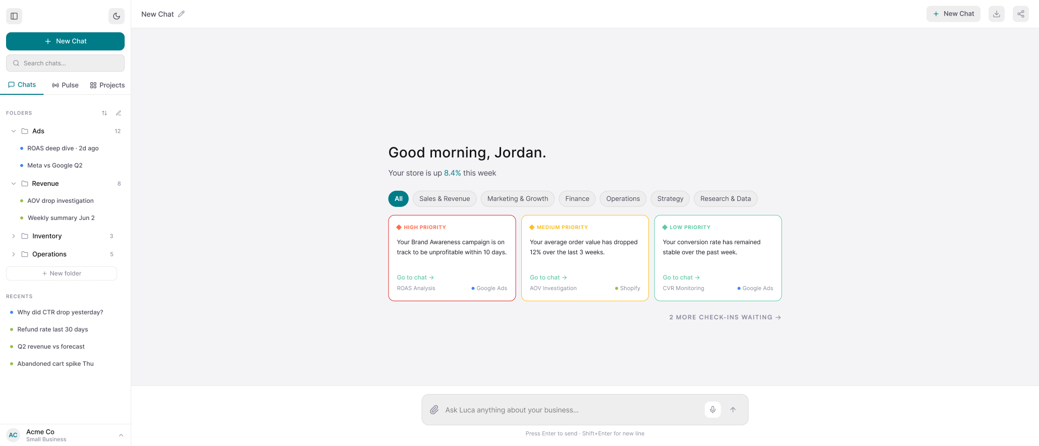 The redesigned landing screen: a sidebar of folders, chat search and recents beside a greeting, a row of context filter buttons, and three color-coded check-in cards each ending in a ‘Go to chat’ link and a named data source.