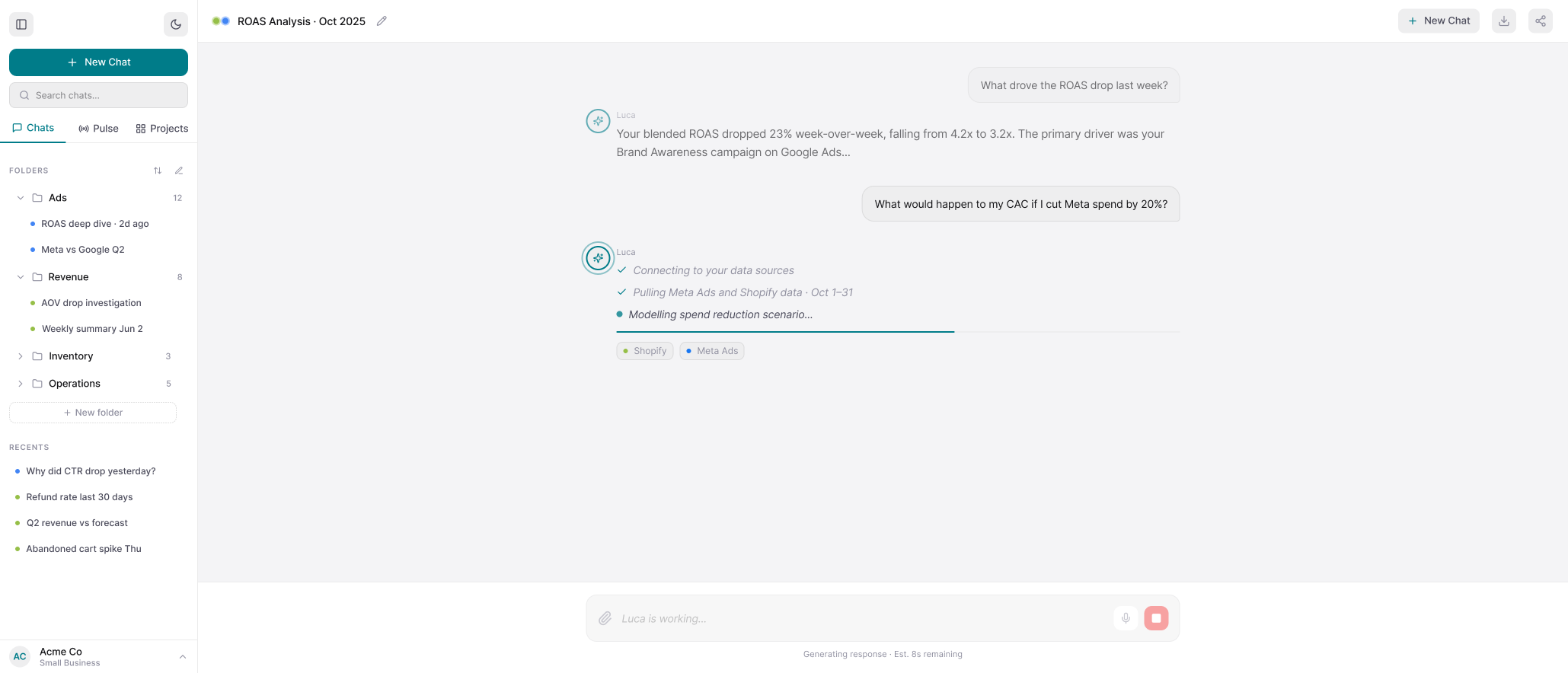 The redesigned status indicator: two completed steps checked off and a third in progress above a teal progress bar, with Shopify and Meta Ads source chips beneath and an estimated time remaining under the input.