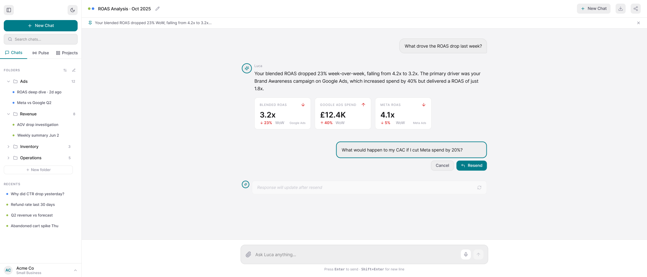 A sent prompt reopened for editing in an outlined field with ‘Cancel’ and ‘Resend’ buttons, and a greyed placeholder below it reading ‘Response will update after resend’.