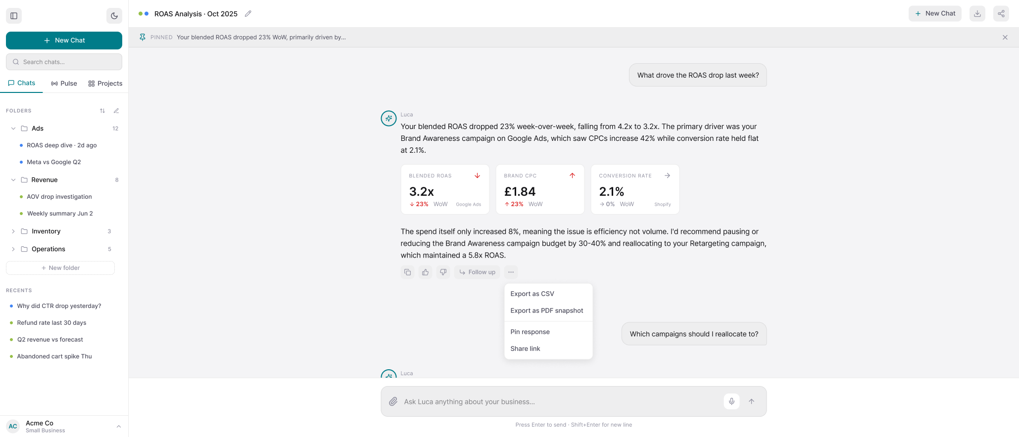 An overflow menu opened under a response, offering ‘Export as CSV’, ‘Export as PDF snapshot’, ‘Pin response’ and ‘Share link’, with a pinned-response bar across the top of the chat.