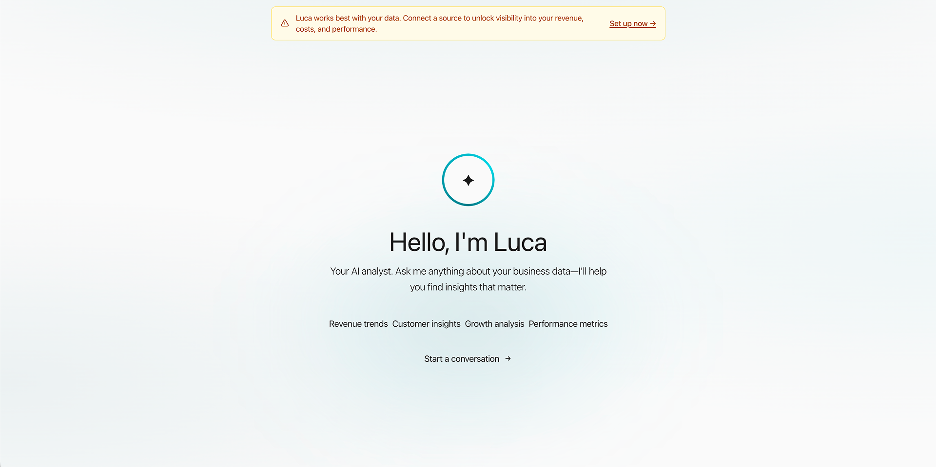 The original landing cover: a yellow ‘connect a source’ banner above a centred circular logo, a large greeting headline, one line of description, four topic words and a ‘Start a conversation’ link.