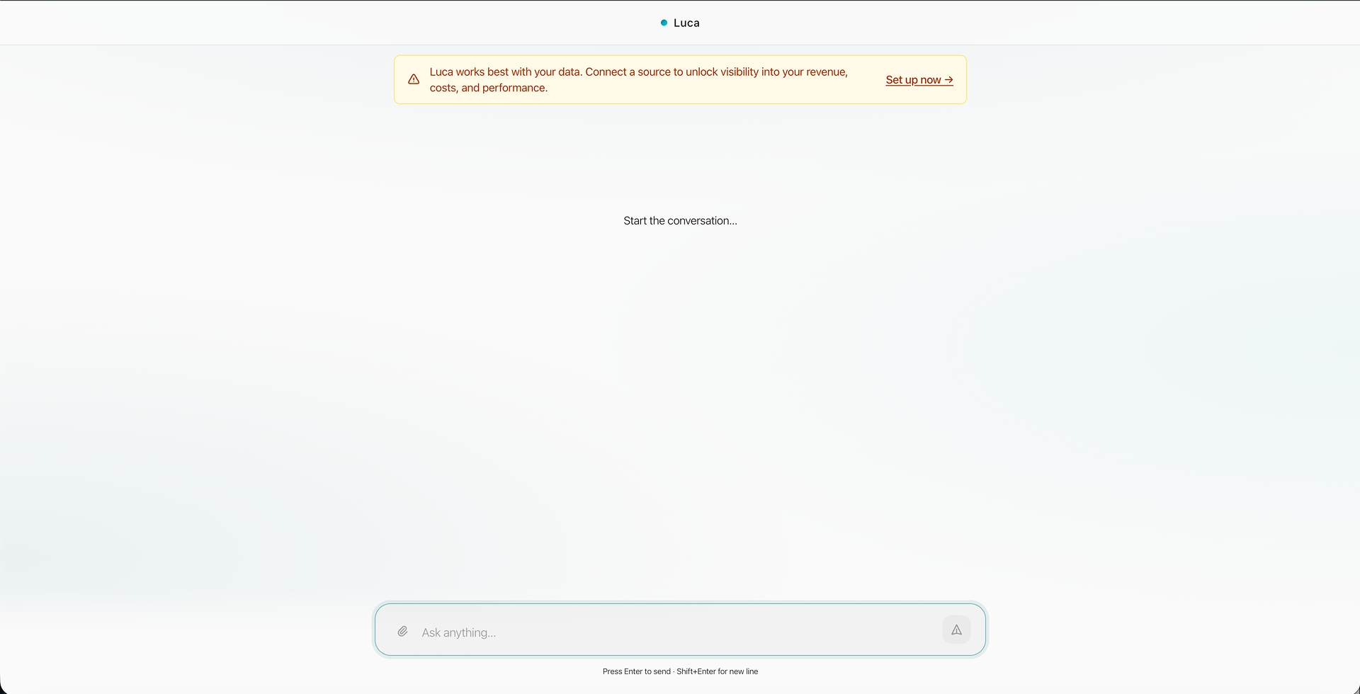 The screen behind the cover: the same banner over a mostly empty page reading ‘Start the conversation…’, with a single ‘Ask anything…’ input pinned to the bottom.