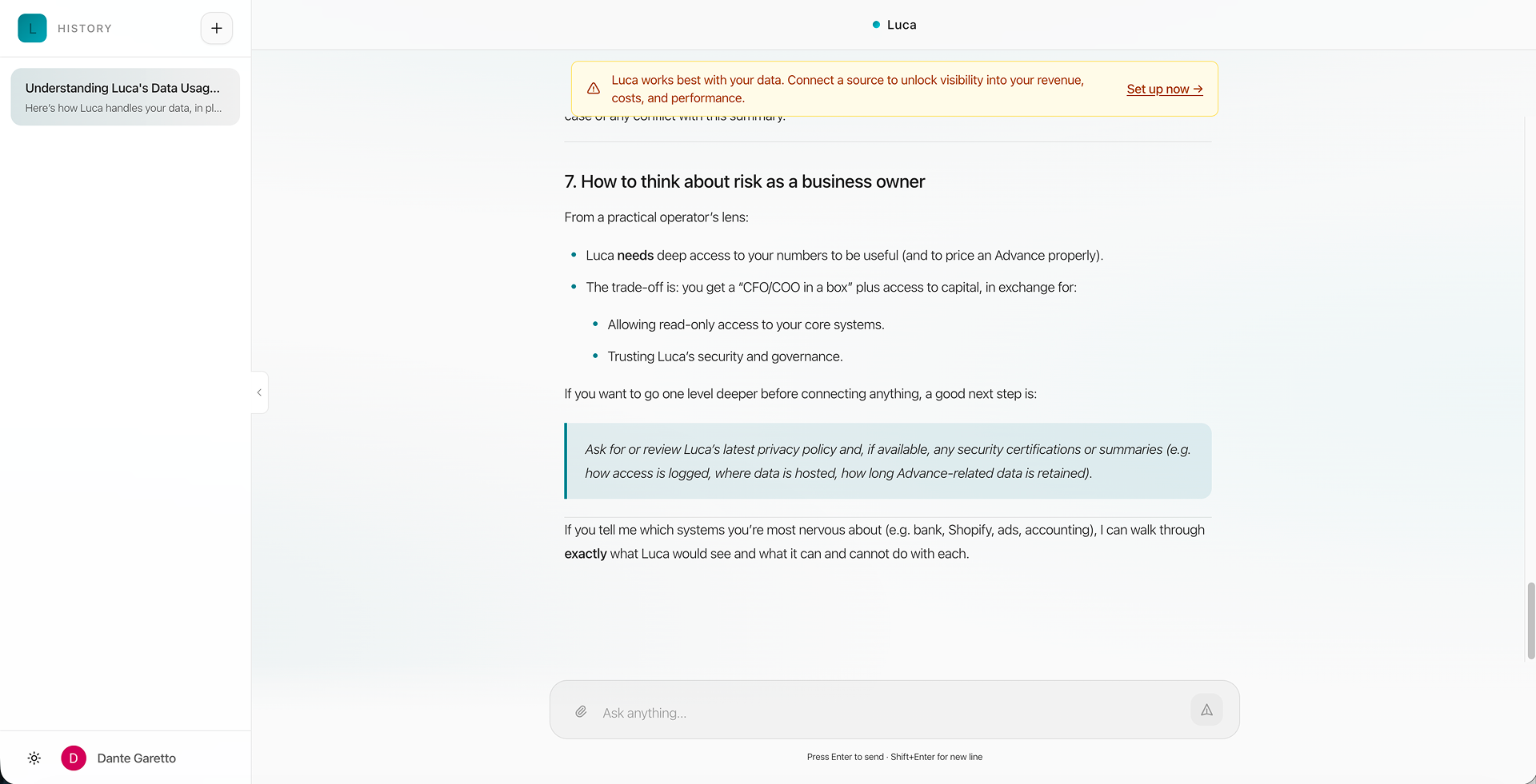 The same response scrolled to its seventh numbered section, showing nested bullet lists, a pull-quote block and a closing paragraph, with the scrollbar sitting near the bottom of a long answer.