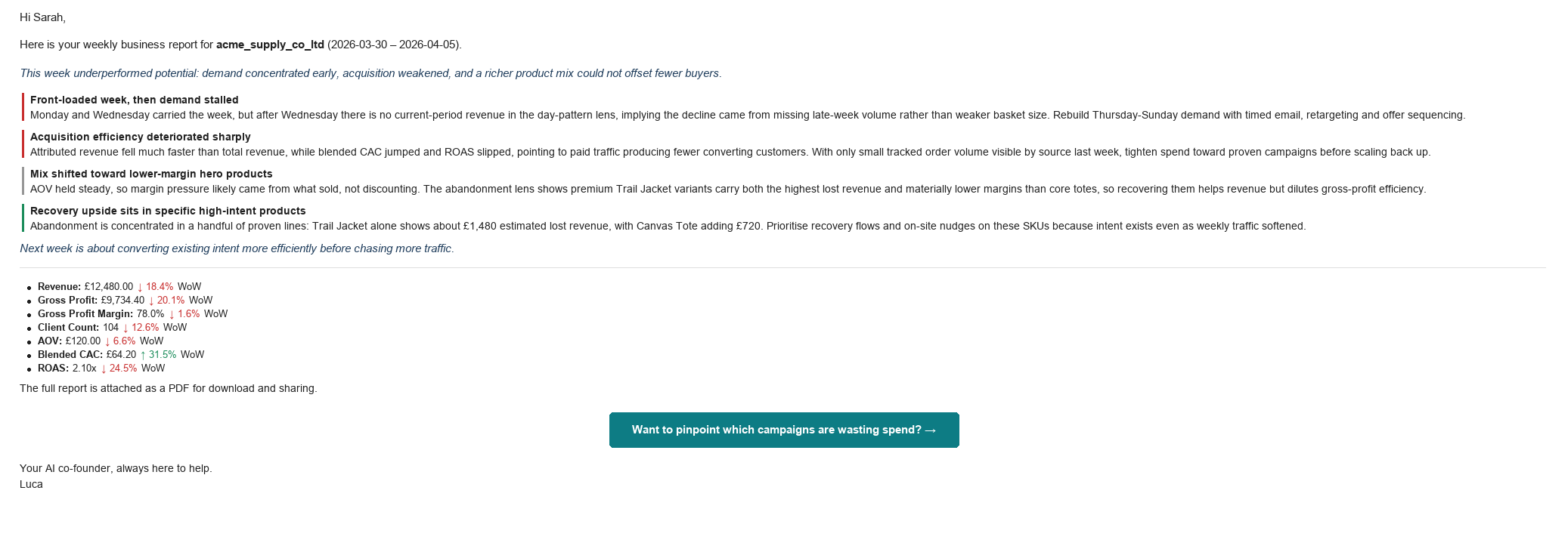 The original Weekly Business Report email, shown with sample data: an italic summary, four insight paragraphs marked only by thin coloured bars, a bulleted list of week-on-week metrics, and one call-to-action button at the bottom.