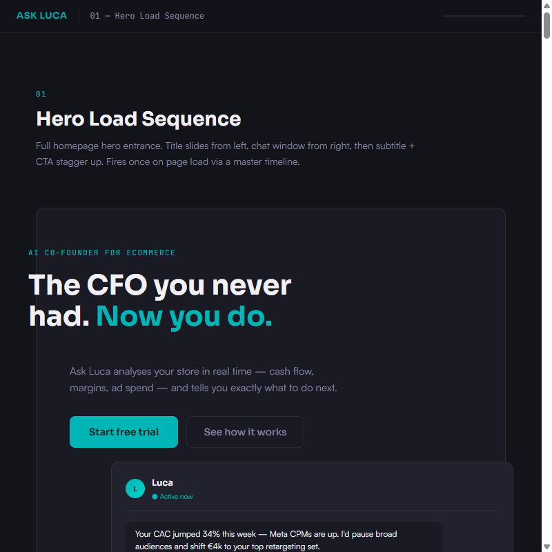 The animation explorer: a fixed sidebar of ten numbered sections beside full-height panels, each demonstrating one scroll-triggered or hover transition from the motion system.