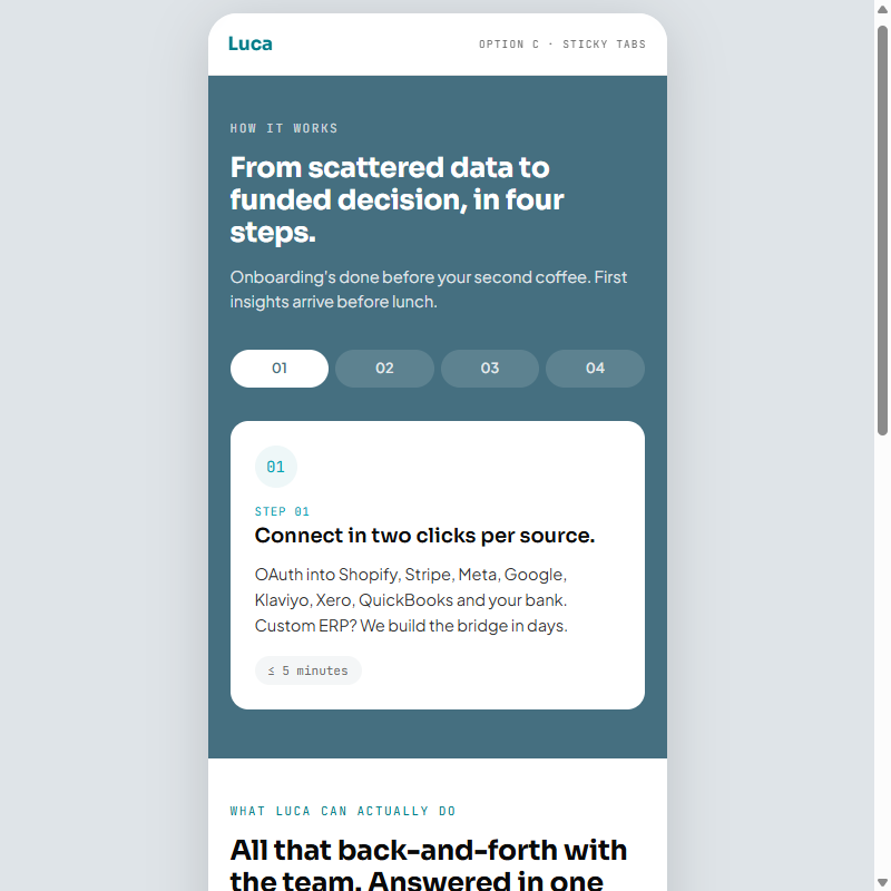 Mobile concept C: the same two sections behind sticky tab bars that pin under the header as the content scrolls past.
