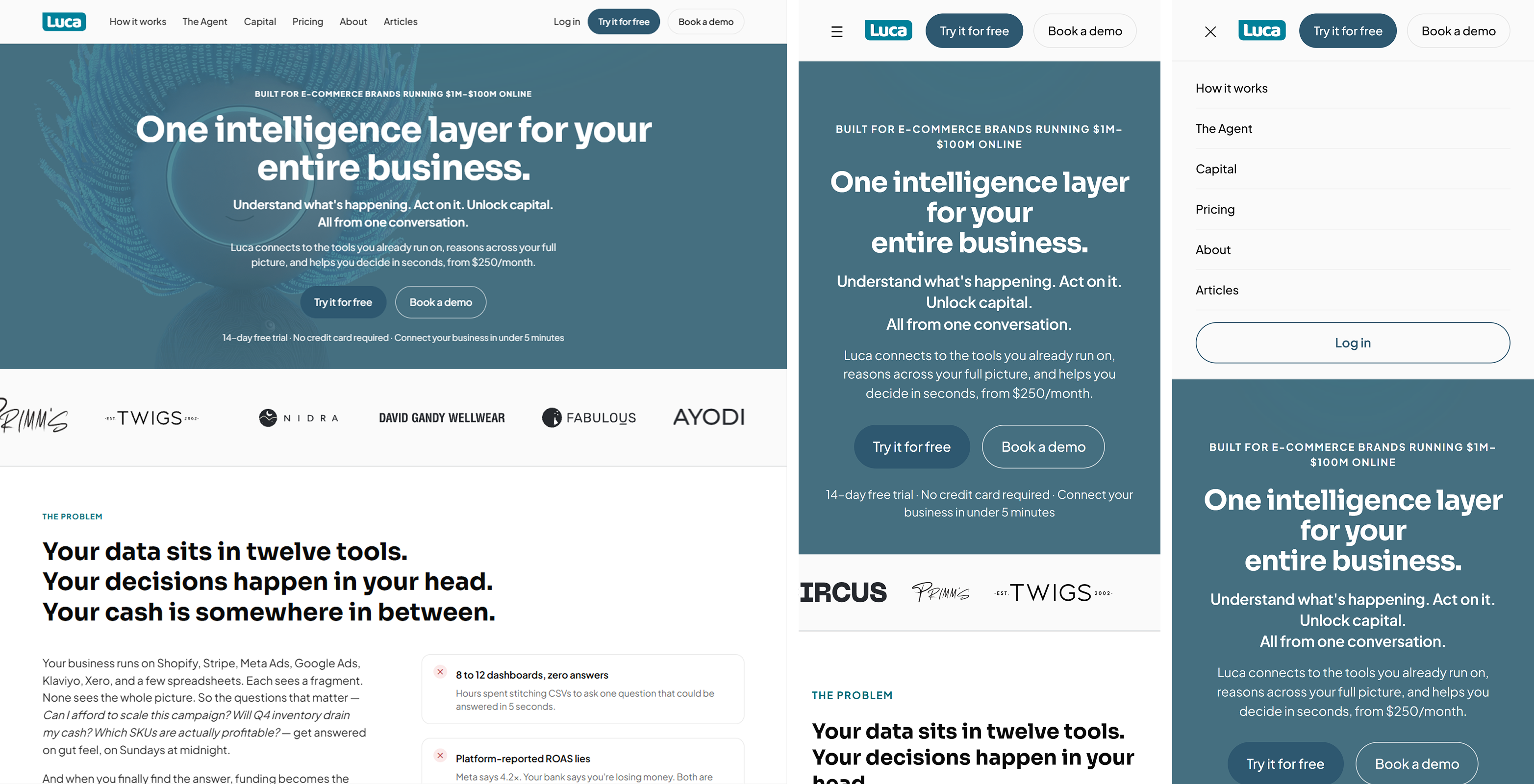 The shipped homepage, desktop beside two phones: the wide teal hero over a customer-logo strip and the opening of The Problem, then the same hero on a phone, then the phone with its navigation sheet open over the hero.