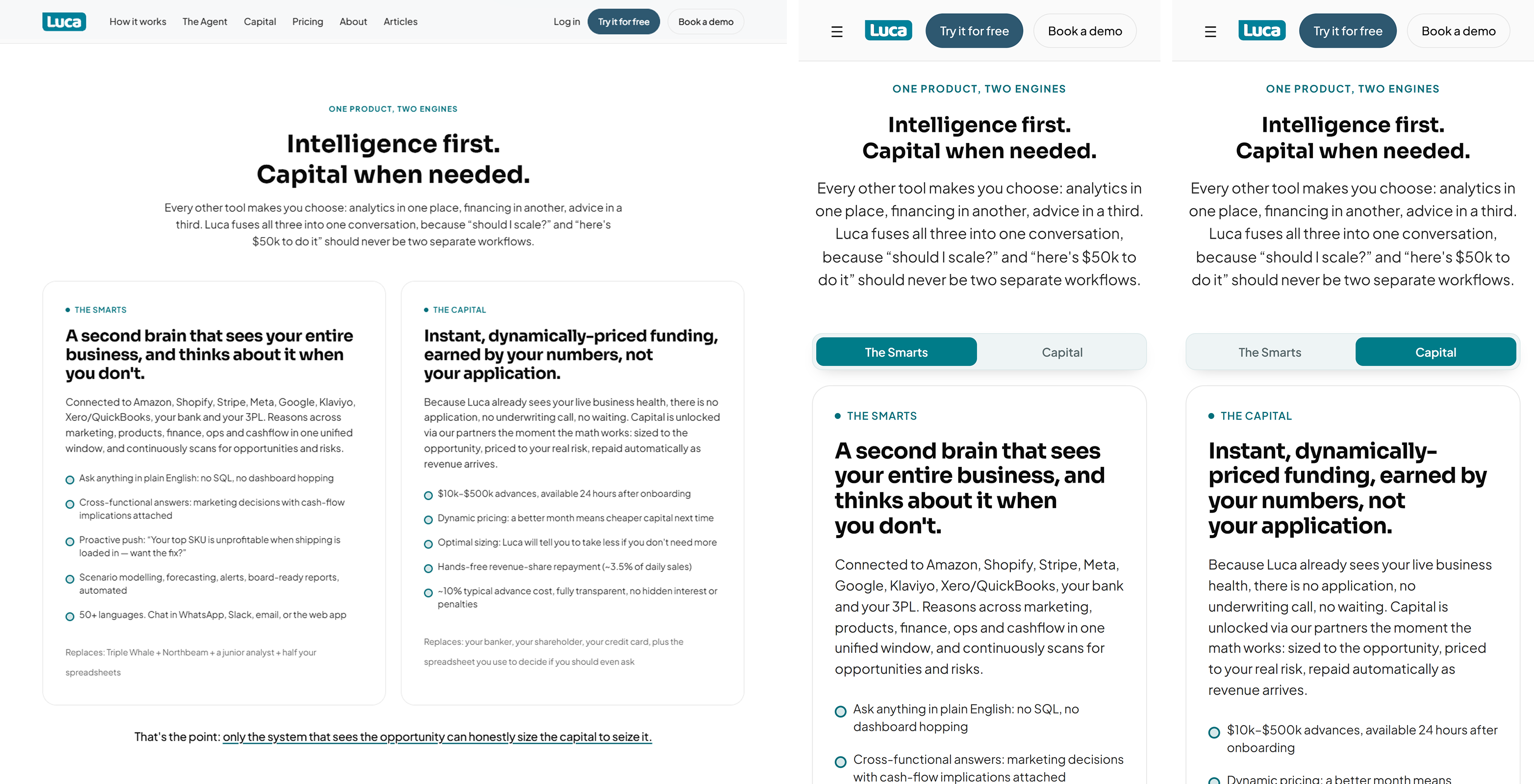 The two-engine section, desktop beside two phones: The Smarts and The Capital sit as side-by-side cards on desktop, while on mobile they share one card behind a segmented control — shown once with The Smarts selected and once with Capital.