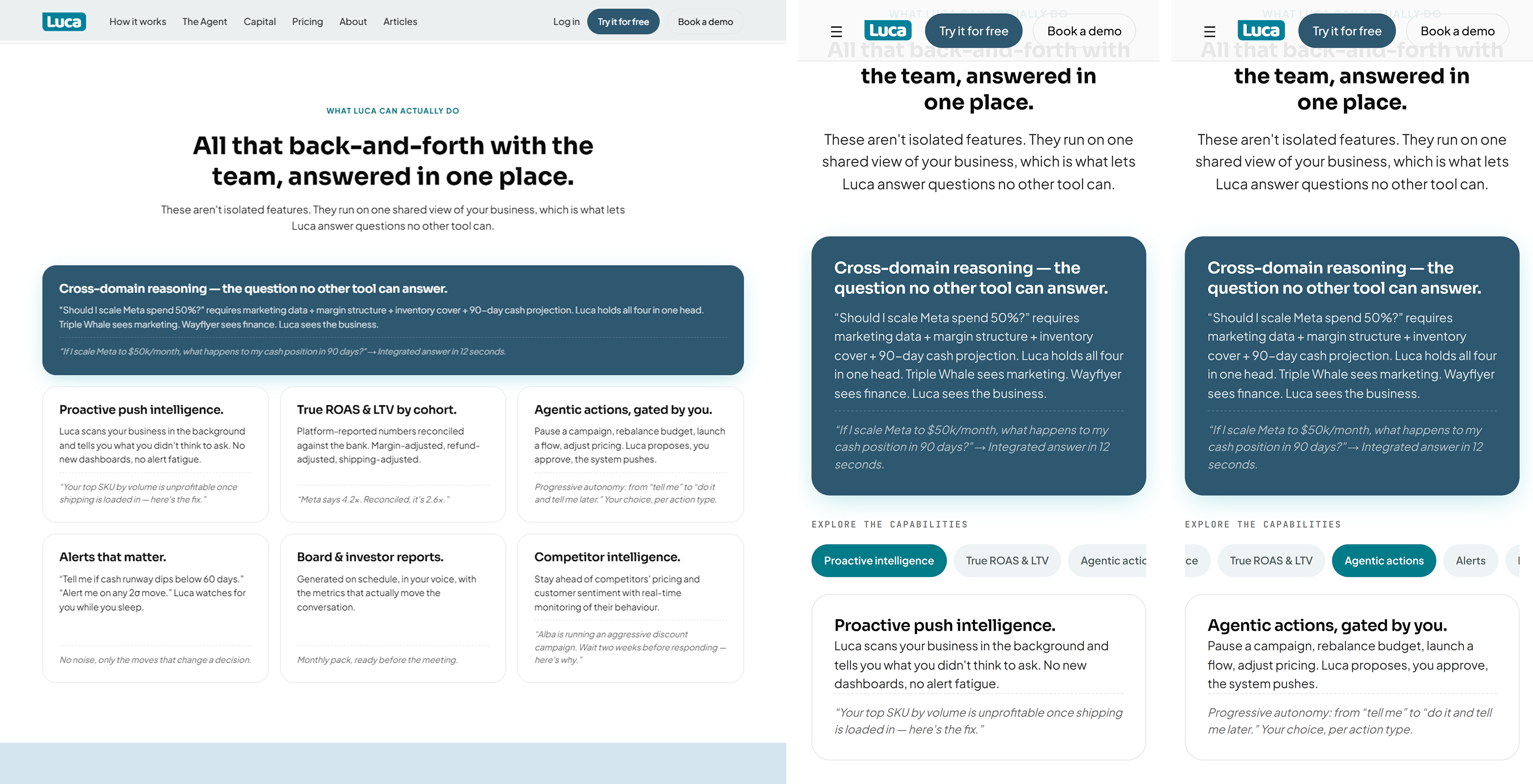 The capability section, desktop beside two phones: six cards in a three-by-two grid on desktop become a scrolling chip rail over a single card on mobile — shown once at the start of the rail and once scrolled along it, with a chip clipped at each edge.