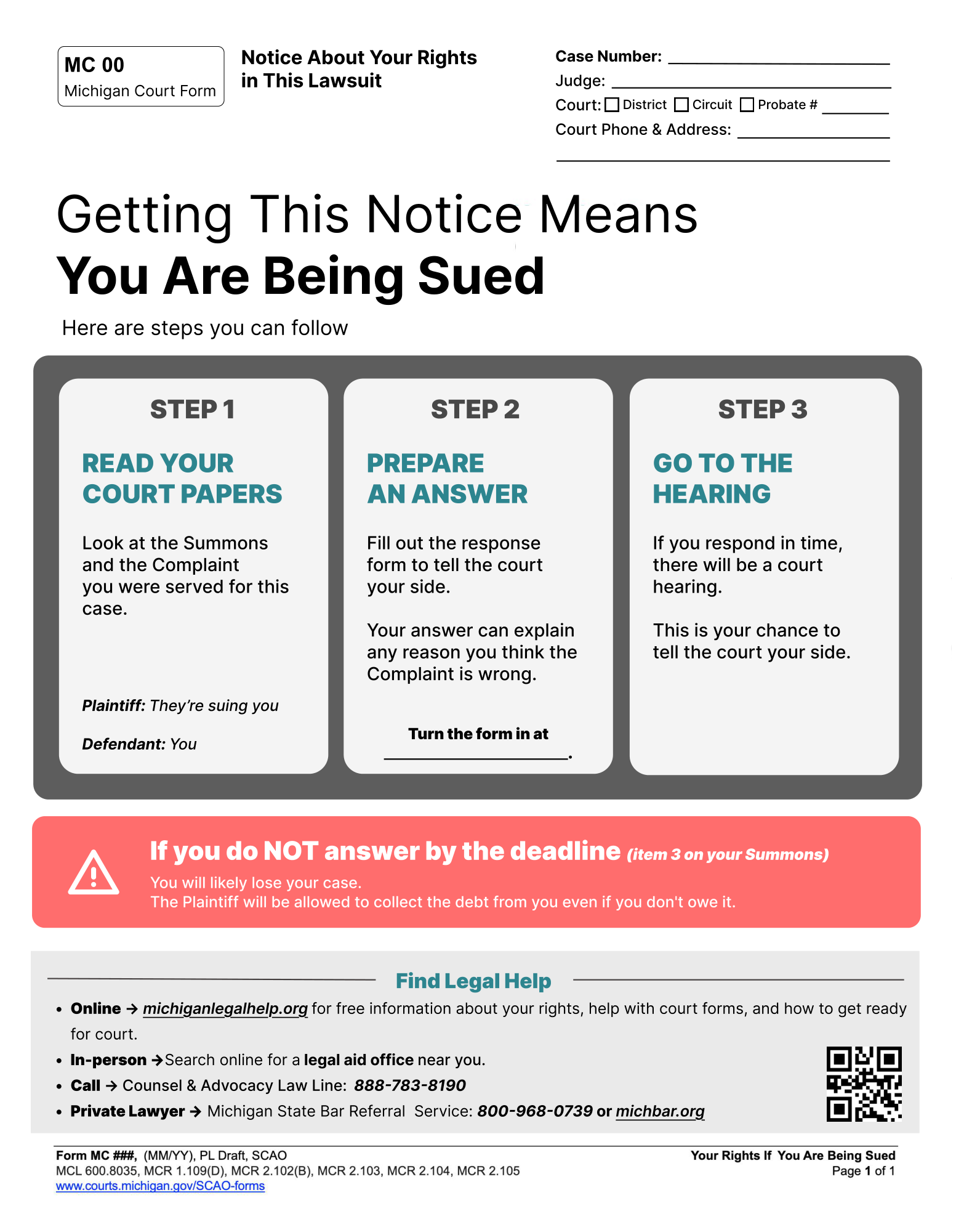 The redesigned Advice of Rights notice. A large heading reads “Getting This Notice Means You Are Being Sued”, above three numbered cards — Read Your Court Papers, Prepare An Answer, Go To The Hearing — a red warning block about the deadline, and a Find Legal Help panel with a QR code.
