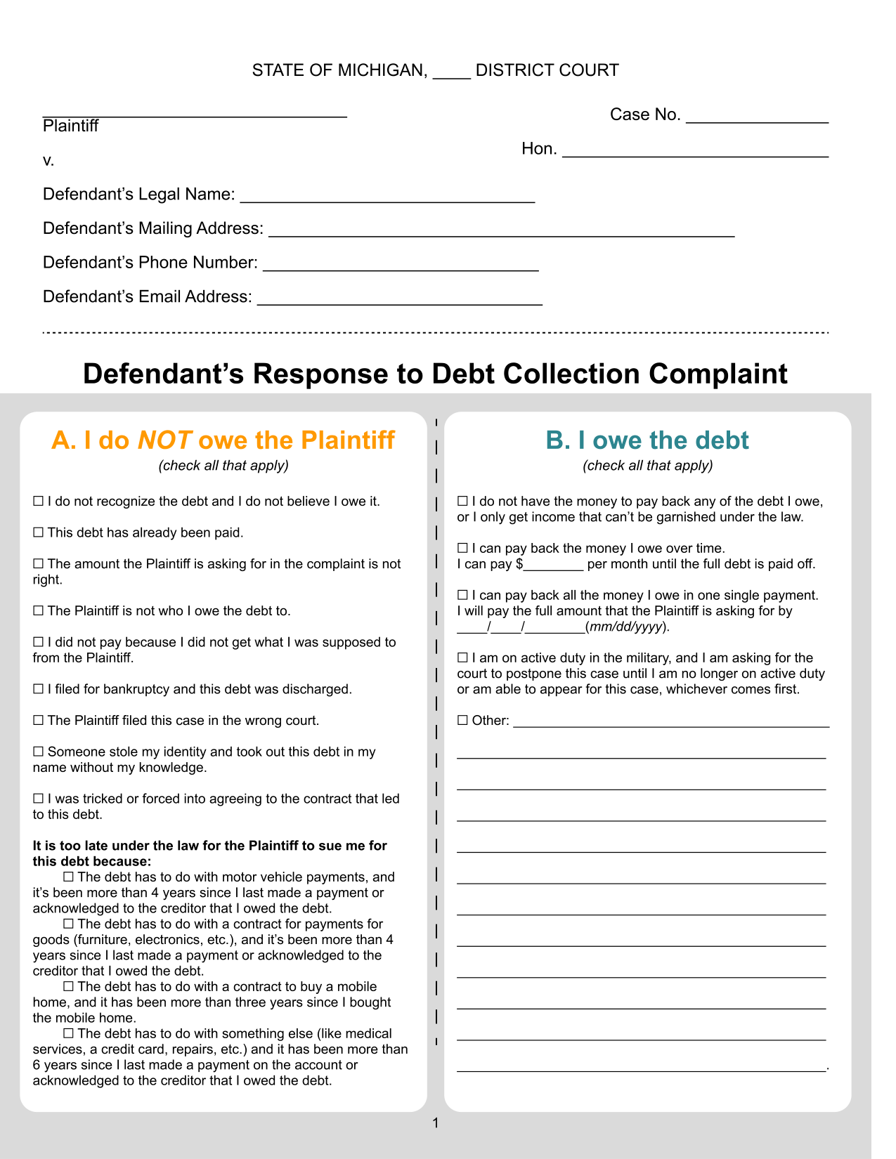 Page one of the redesigned Answer Form. Below the case details, two side-by-side columns split the response: “A. I do NOT owe the Plaintiff” in orange on the left, “B. I owe the debt” in teal on the right, each a list of checkboxes.