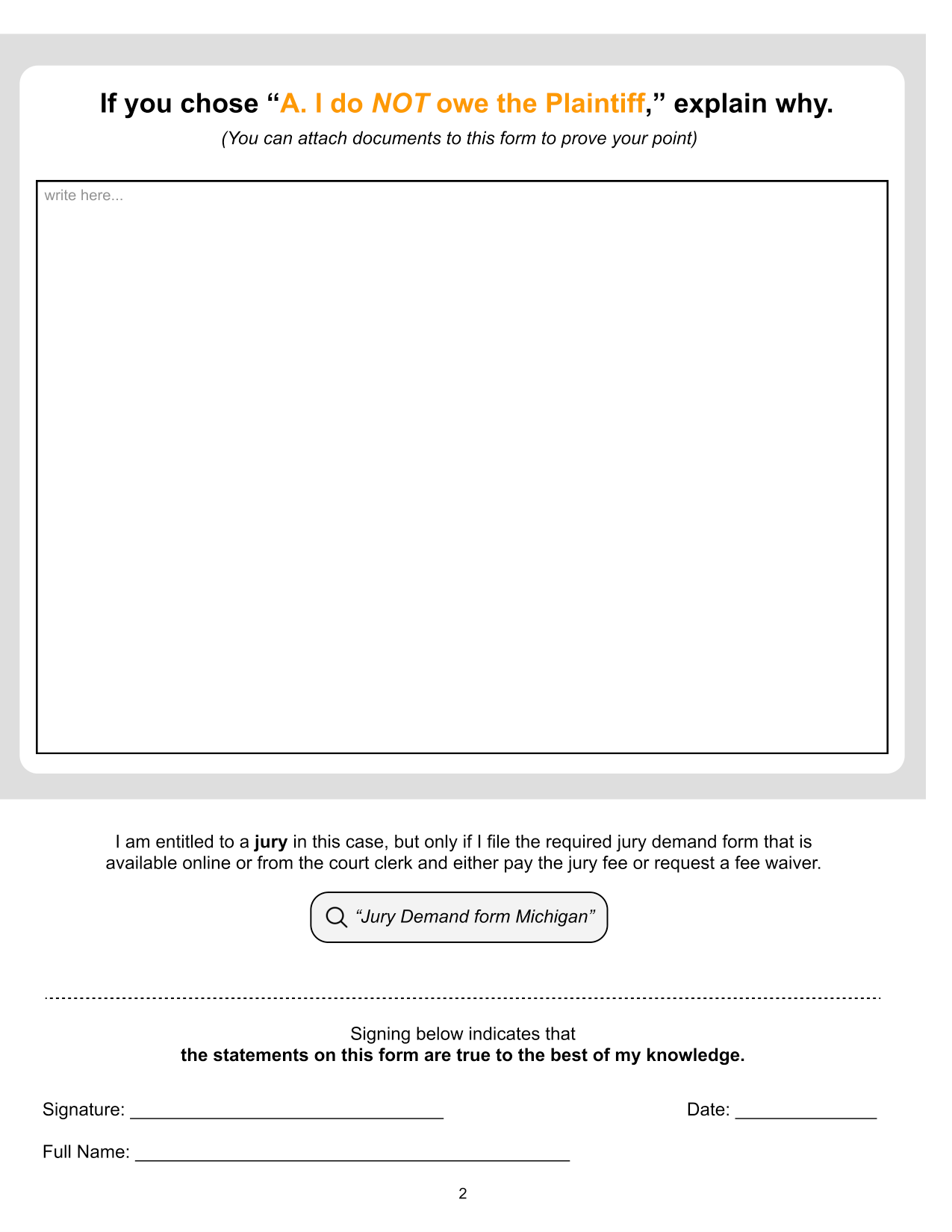 Page two of the redesigned Answer Form: a large bordered write-in box headed “If you chose A. I do NOT owe the Plaintiff, explain why”, a paragraph about jury demand with the word jury in bold, a rounded search-bar graphic reading “Jury Demand form Michigan”, and a signature block.