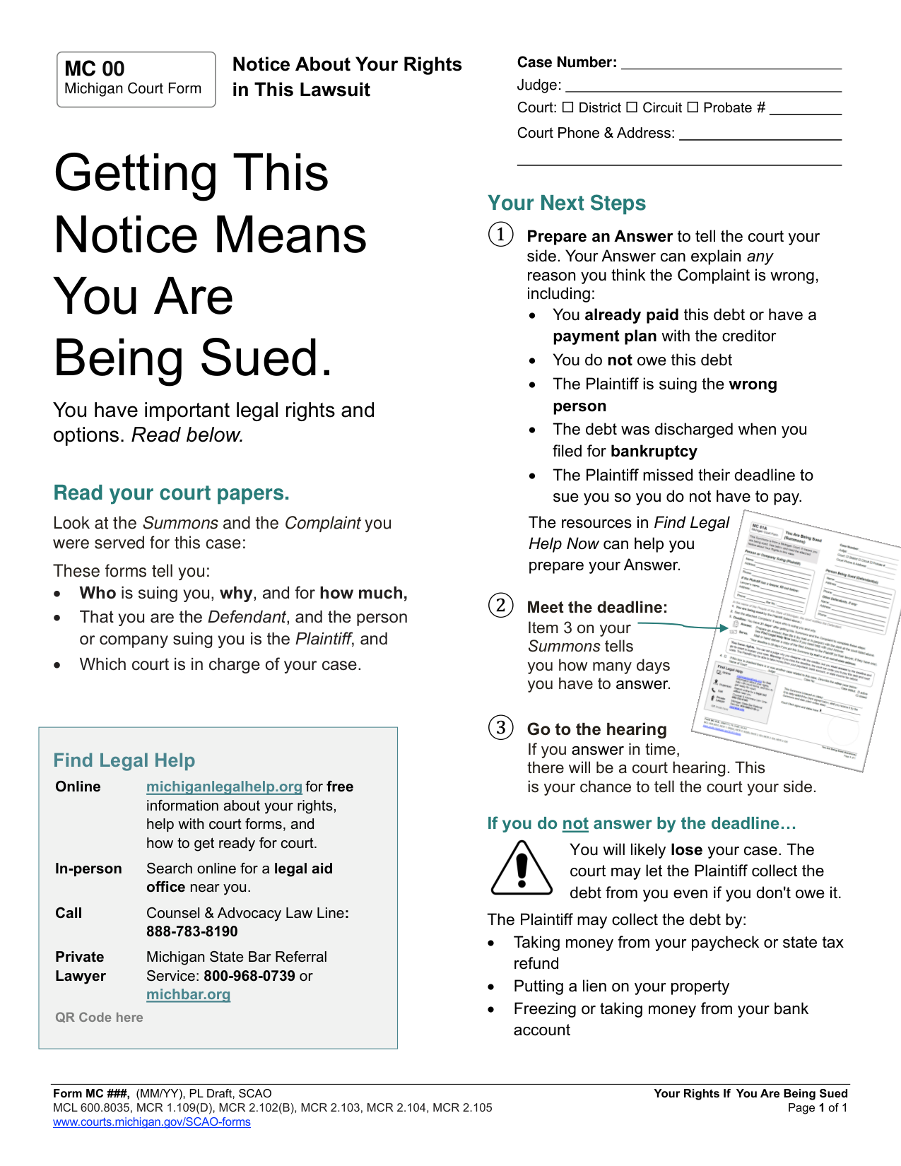 The Commission’s draft Advice of Rights: the heading “Getting This Notice Means You Are Being Sued” in a left column over a “Read your court papers” section and a grey Find Legal Help box with “QR Code here” in it; a right column of three numbered next steps with bulleted reasons, a picture of a Summons, and a warning about the deadline followed by a list of ways the Plaintiff may collect.
