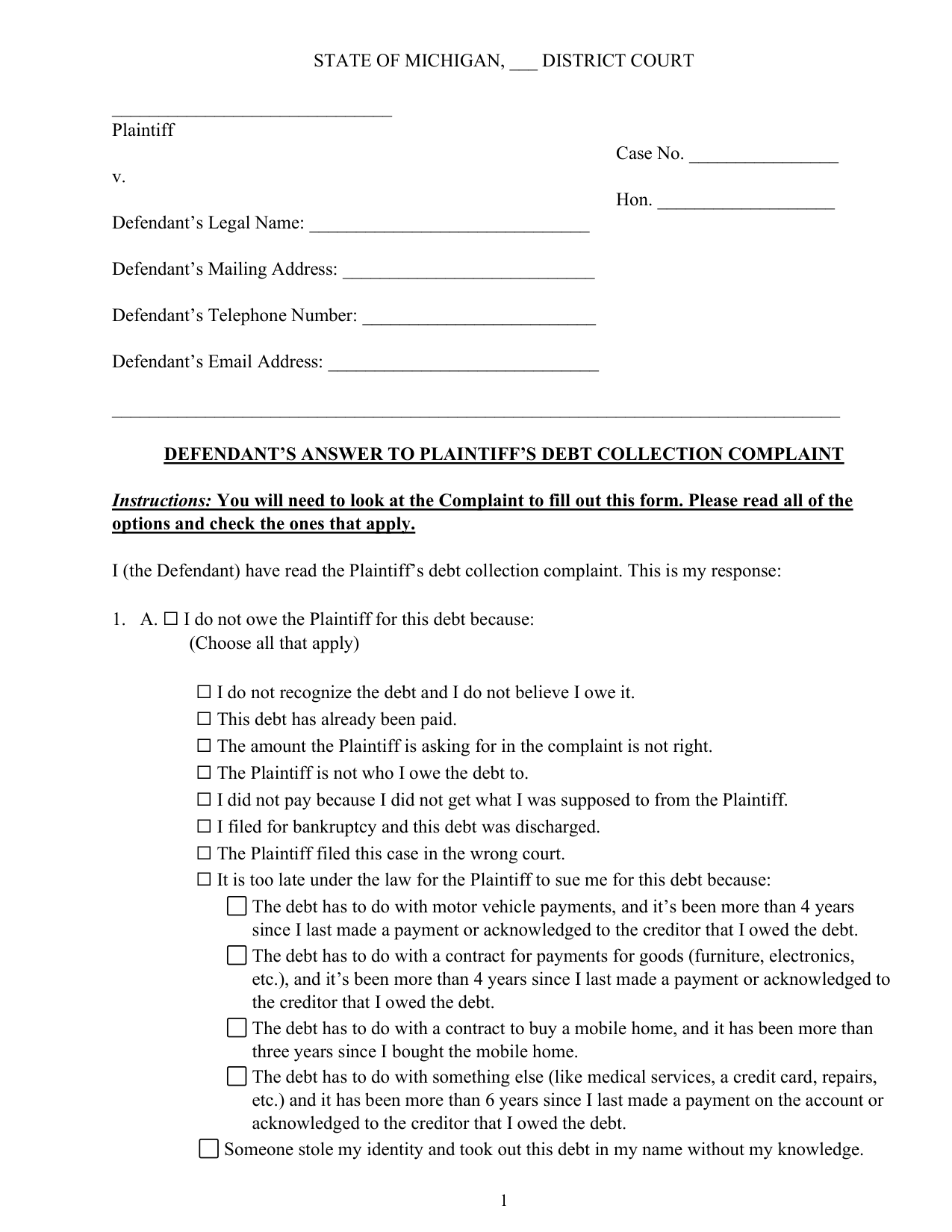 Page one of the draft Answer Form, in Times New Roman: case details, a bold underlined instruction, then option A, “I do not owe the Plaintiff for this debt because”, as a long indented list of checkboxes.