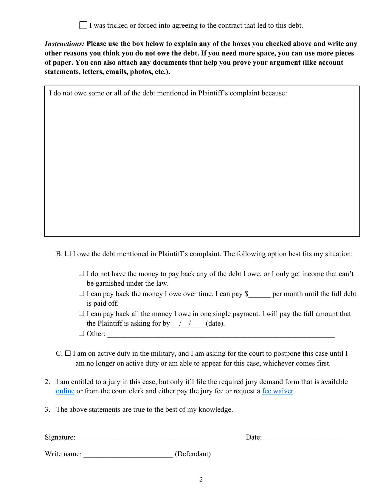 Page two of the draft Answer Form: a bold paragraph of instructions above a bordered write-in box, then option B, “I owe the debt”, and option C for active military duty, one after the other, and a numbered jury sentence with “online” and “fee waiver” as blue hyperlinks.